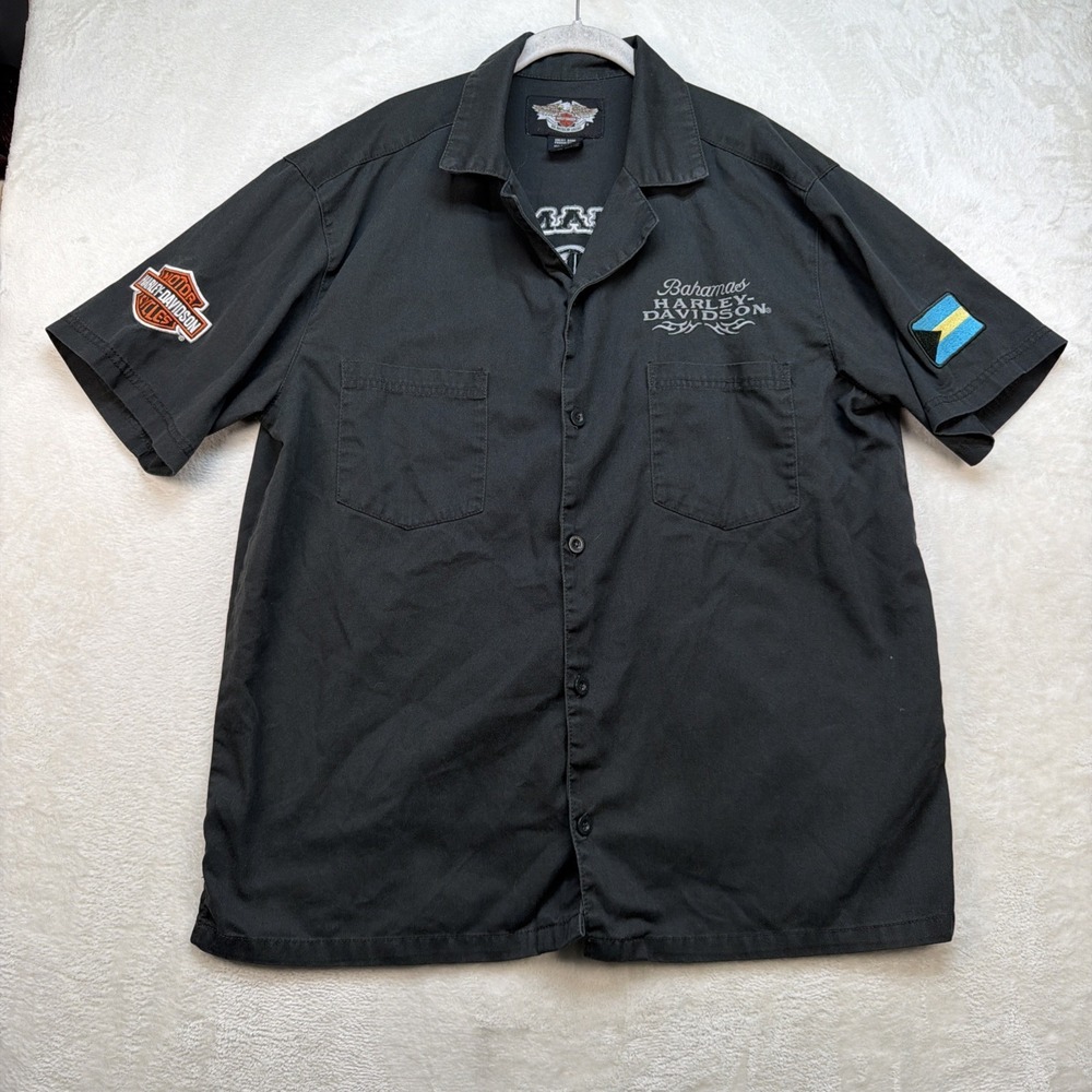 Harley‎ Davidson Bahama Shirt Men Large Black Motorcycle Camp Shirt Button Up